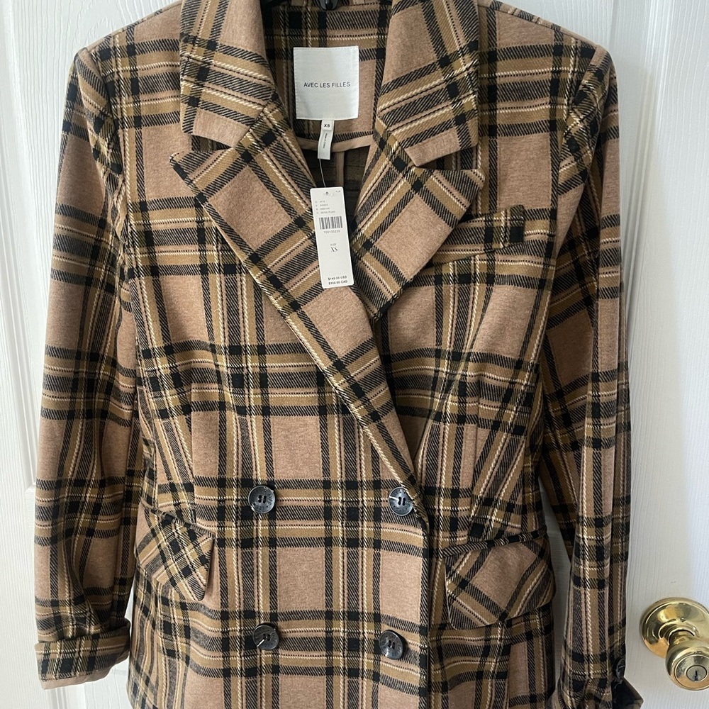 Avec Les Filles Tan Plaid Blazer